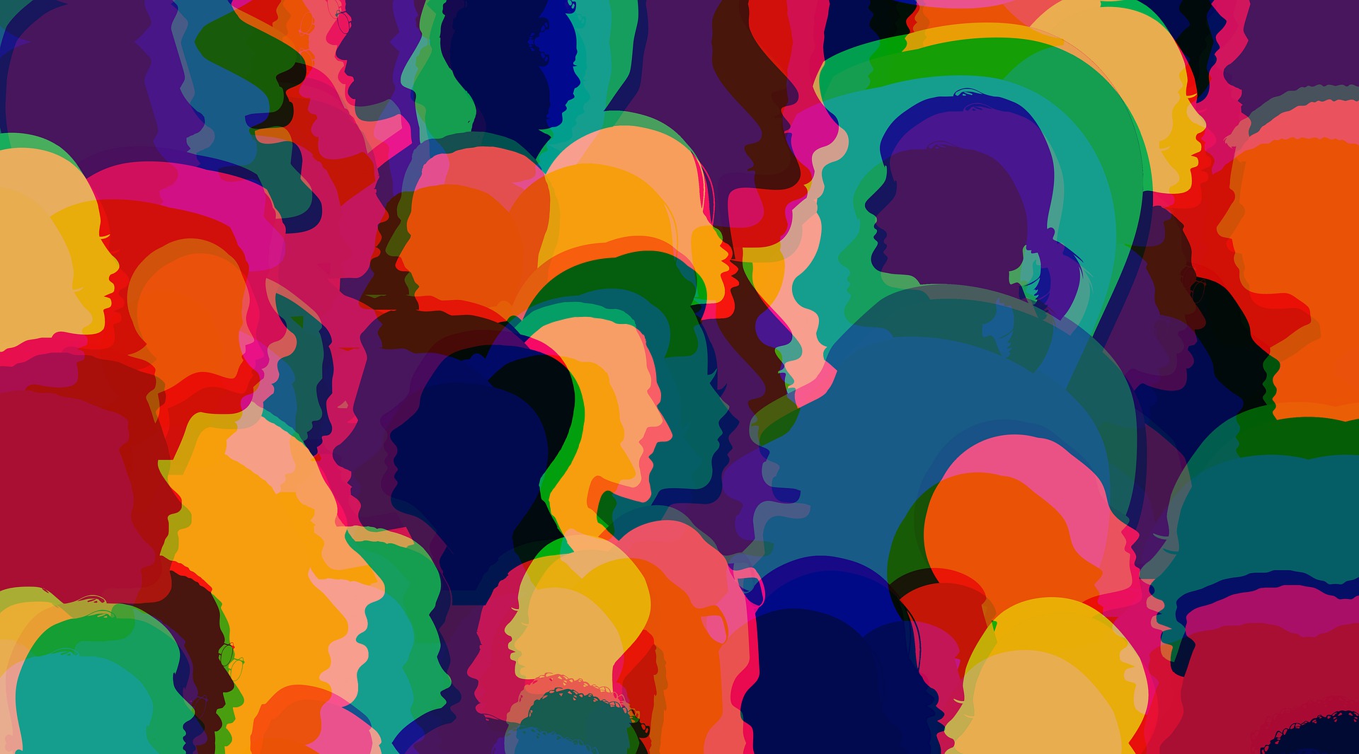 Graphic of tapestry of people's head shapes patchworked in multicolour